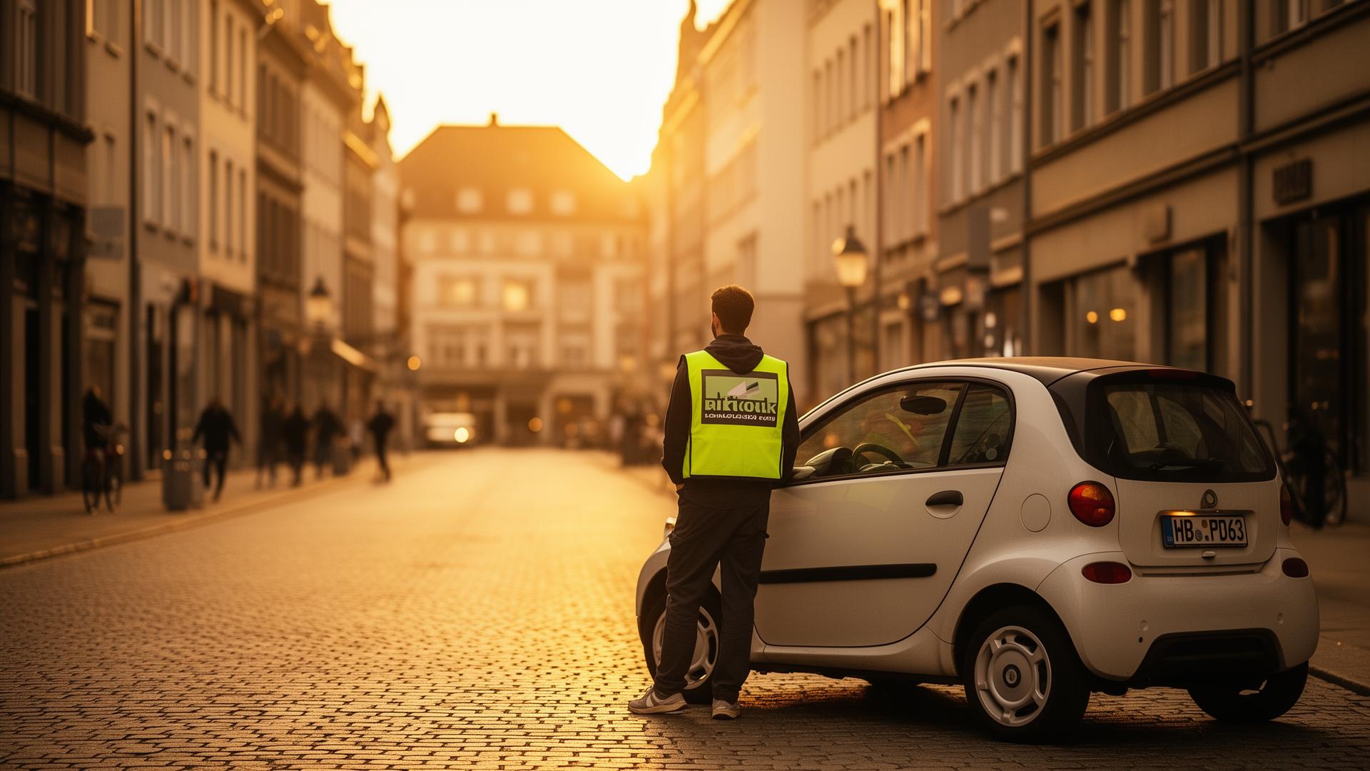 Oprisade courier next to a vehicle on a German street at sunset